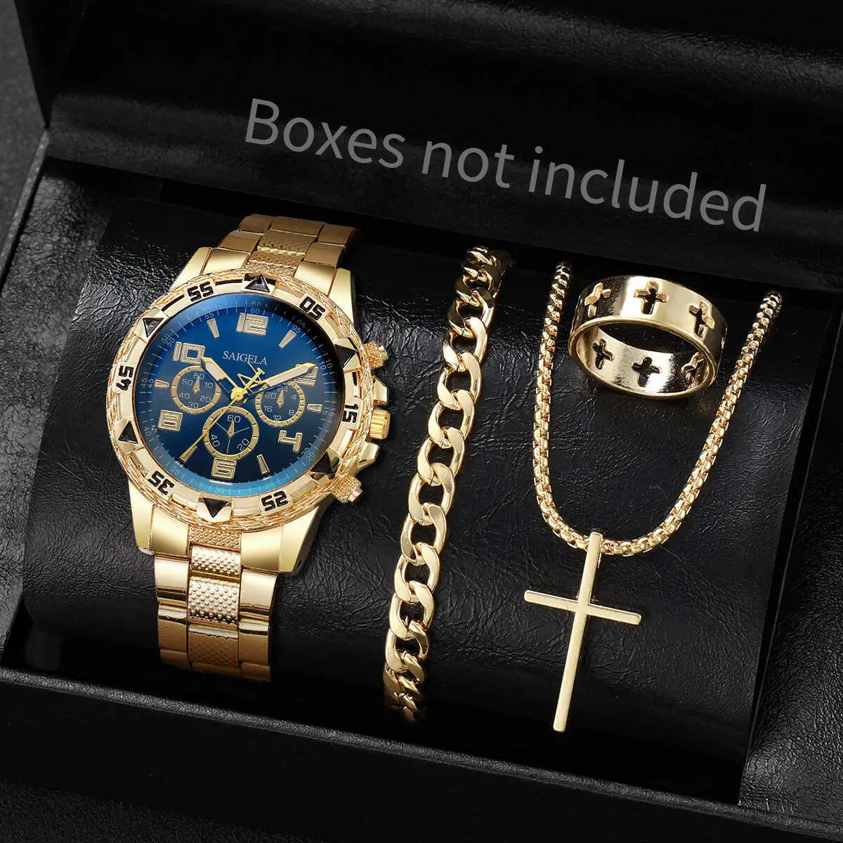 4PCS Blue light glass men's business watch with steel strap, quartz watch, multifunctional digital scale, three eye watch set Qme Gold Black No Box