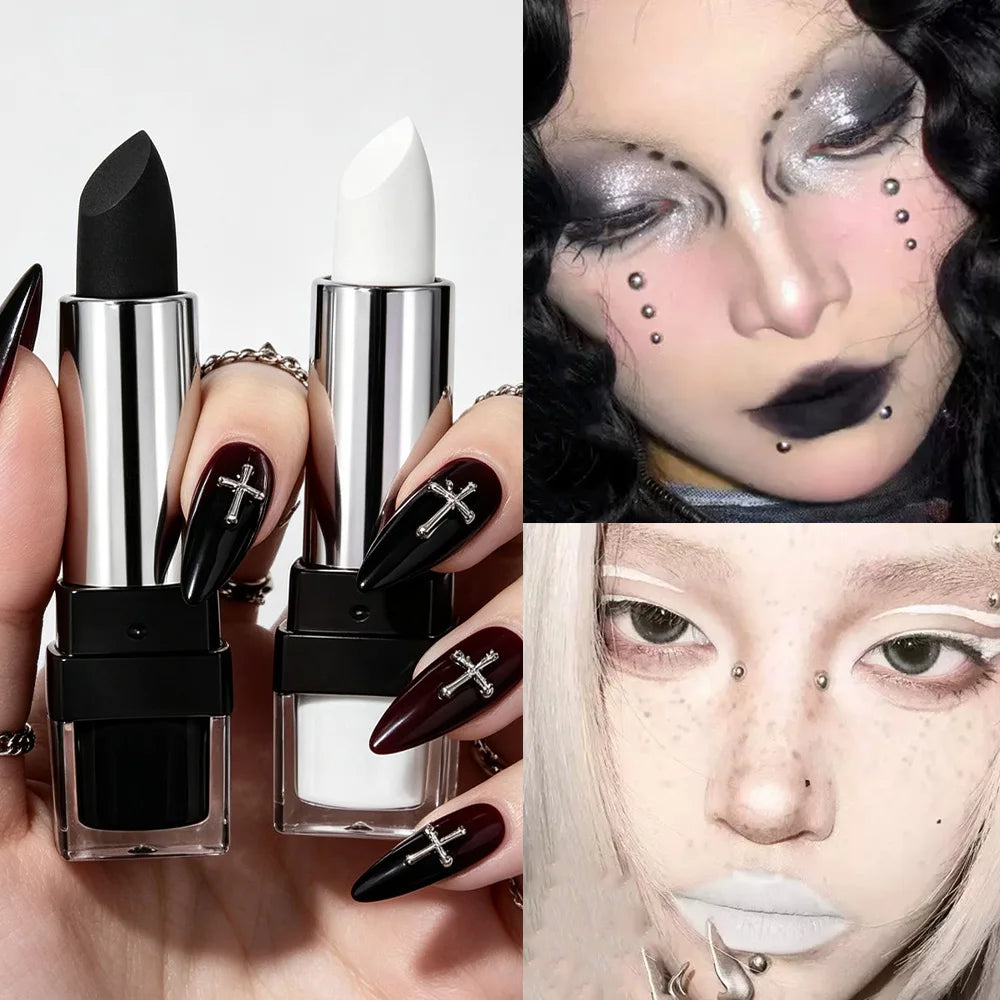 Gothic Dark Night Lipstick Waterproof Long-lasting White Black Dark Red Brown Velvet Matte Lip Tint Cosplay Makeup Lip Cosmetics Qme