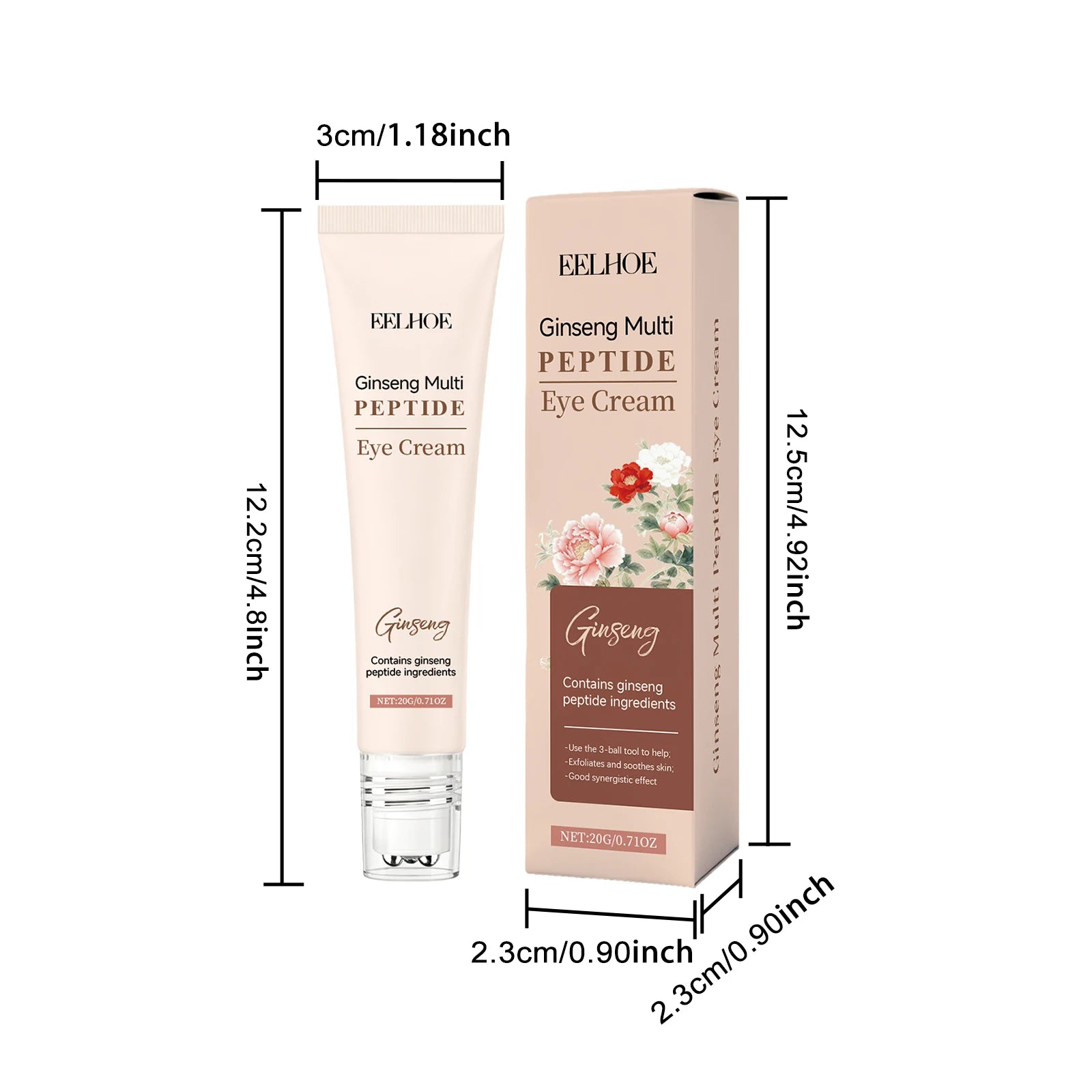Ginseng Polypeptide Roller Eye Cream Anti-Aging Under Eye Treatment Reduce Wrinkles & Dark Circles Firming Brightening Eye Cream Qme 20g Boxed