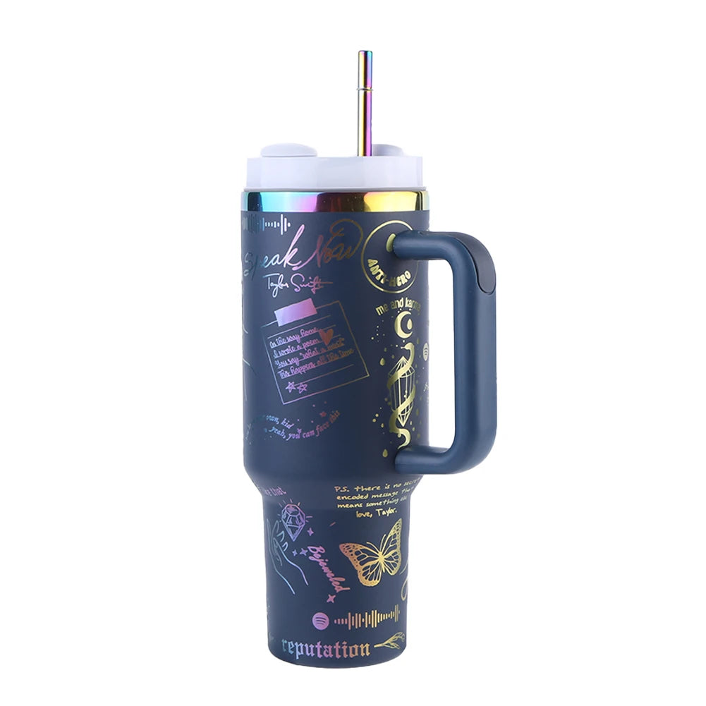40oz Stainless Steel Insulated Water Bottle with Straw Vacuum Insulated Car Mug Thermal Iced Travel Cup for Camping Hiking Qme Lake Blue
