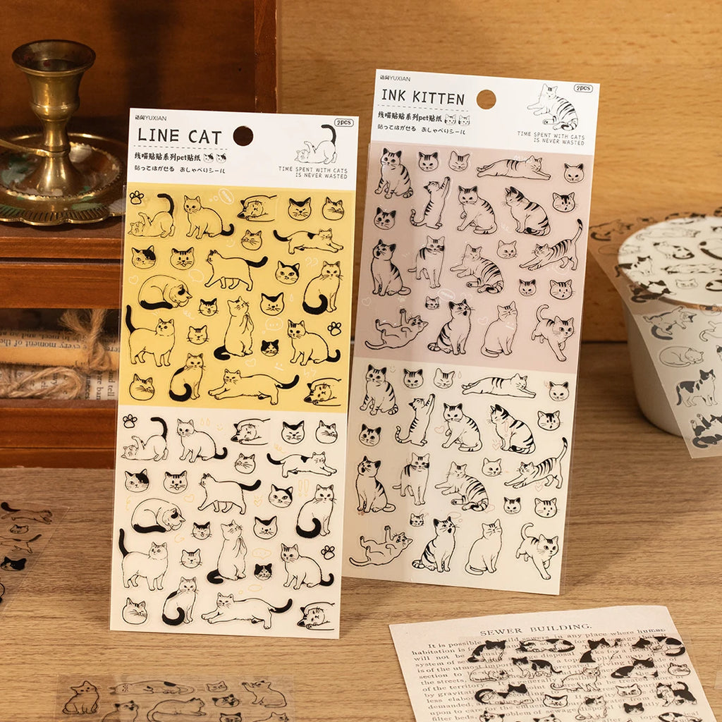 2 Sheets/Bag Cute Cartoon Cats PET Stickers, for DIY Scrapbooking Photo Frame Collage Decoration Craft Supplies Qme