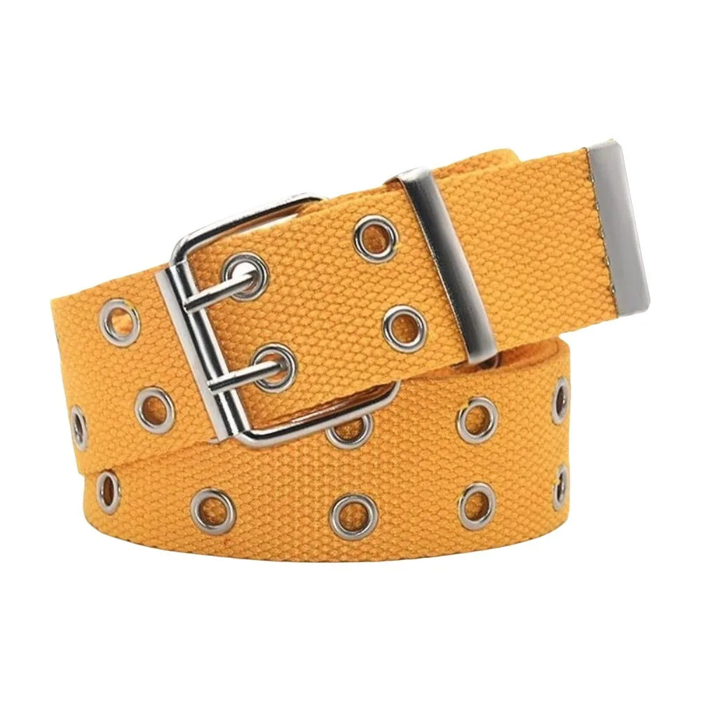 Outdoor Solid Canvas Waist Belt Double Row Nylon Woven Belts Metal Qme Yellow
