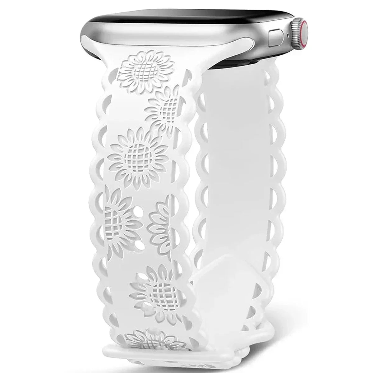 Engraved Floral Strap for Apple Watch Ultra2 49mm 45 44 42 41 40mm 38mm Silicone Band for IWatch Series 9/8/7/6/5/4/3/2/SE Ultra Qme White 42mm 44mm 45mm 49mm