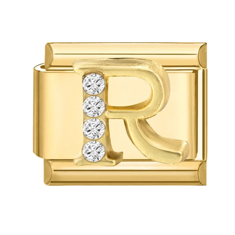 Wholesale Shiny CZ 26 Letters A-Z Gold Color Italian Charms Gold Plated 9mm Stainless Steel Modular Bracelet DIY Jewelry Gift Qme R