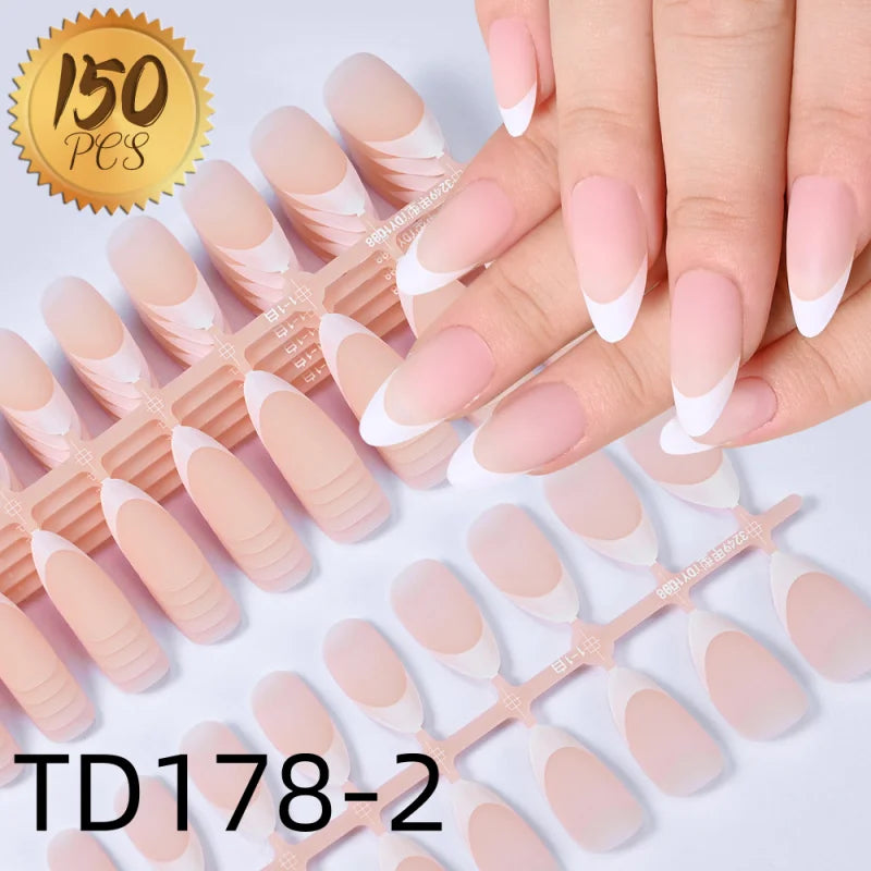 150pcs French White Edge Wearing Nail Pink Fake Nail Piece Full Sticker Matte Manicure Ultra thin White Qme TD178-2