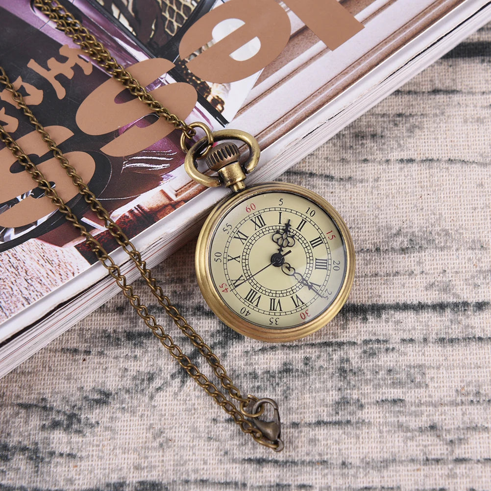 Simple Vintage Style Steampunk Beige Dial Roman Numbers Small Pocket Watch Necklace Pendant Qme