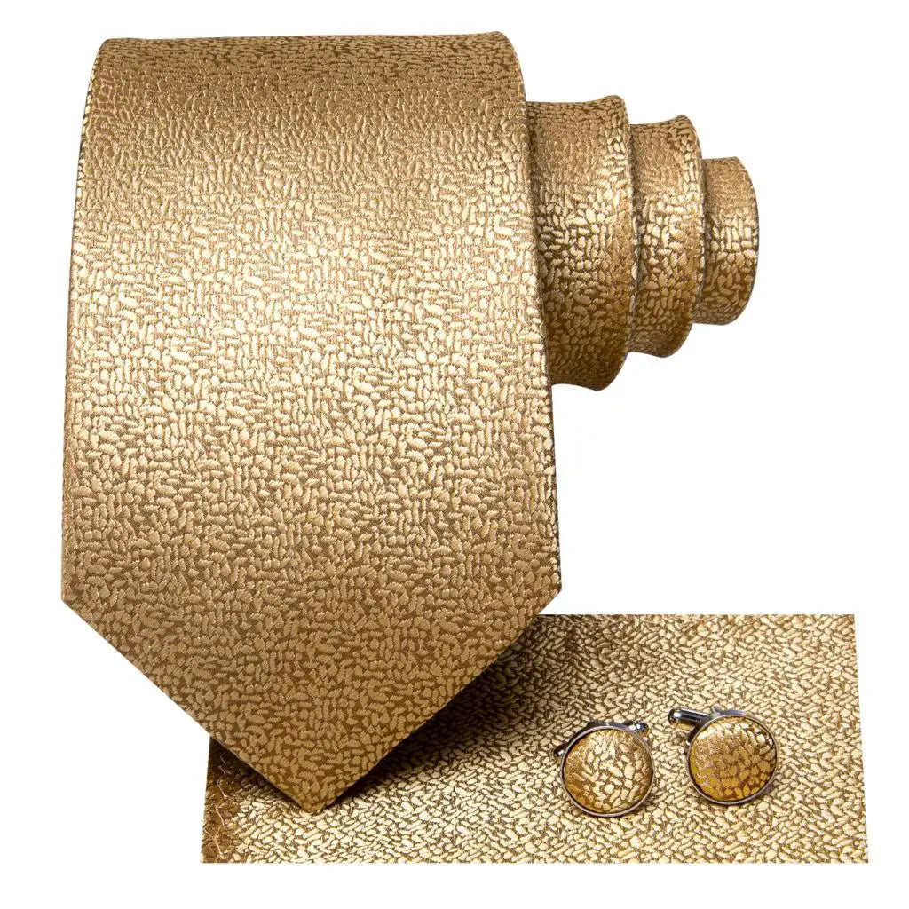 Designer Gold Solid Wedding Tie Men Handky Cufflink Striped Plaid Qme