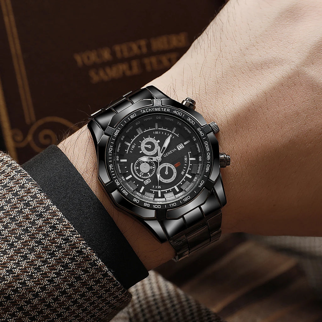 Men's Steel Belt Set Watch Fashion Three Eye Calendar Men's Watch 3pcs Quartz Watch Qme black