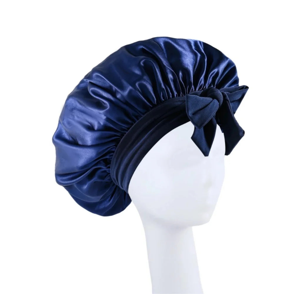 Satin Solid Hair Dye Cap With Stretchy Tie Band Elastic Night Shower Cap Adjustable Hair Head Cover Bonnet Turban For Women Men Qme DEEP BLUE