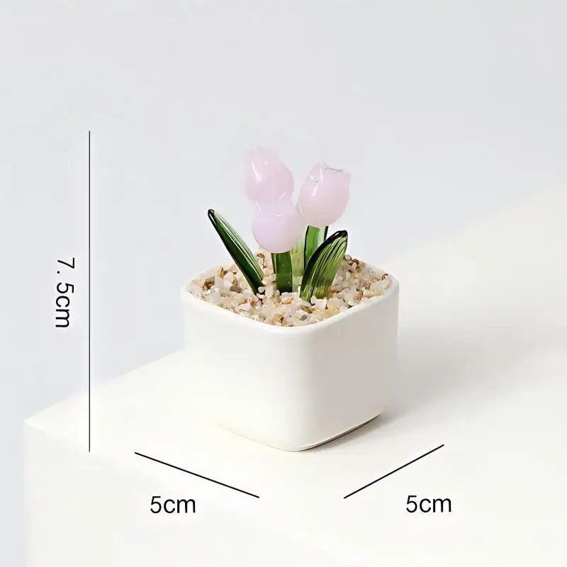 Magnetic Plant Glass Planter Hand Blown Glass Tulips Flower Pot, Everlasting Glass Flower for Home Decor, Elegant Gift for Women Qme F