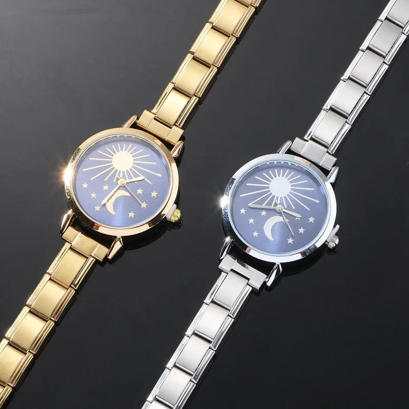 Fashion Women's Stainless Steel Square Flowers Watch Round Moon Sun High Quality Watch Bracelet For Friend Birthday DIY Bracelet Qme