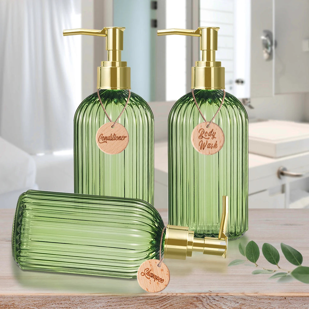 Reusable Shampoo Conditioner Body Wash Bottle Bathroom Shower Soap Dispenser with Wooden Tag Gold Bathroom Accessories Qme