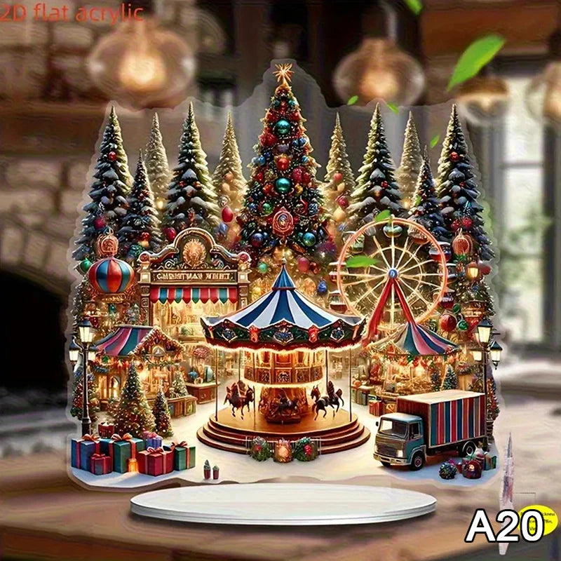 2D Flat Acrylic Christmas Desk Decor Base Snowman House Rotating Qme A20