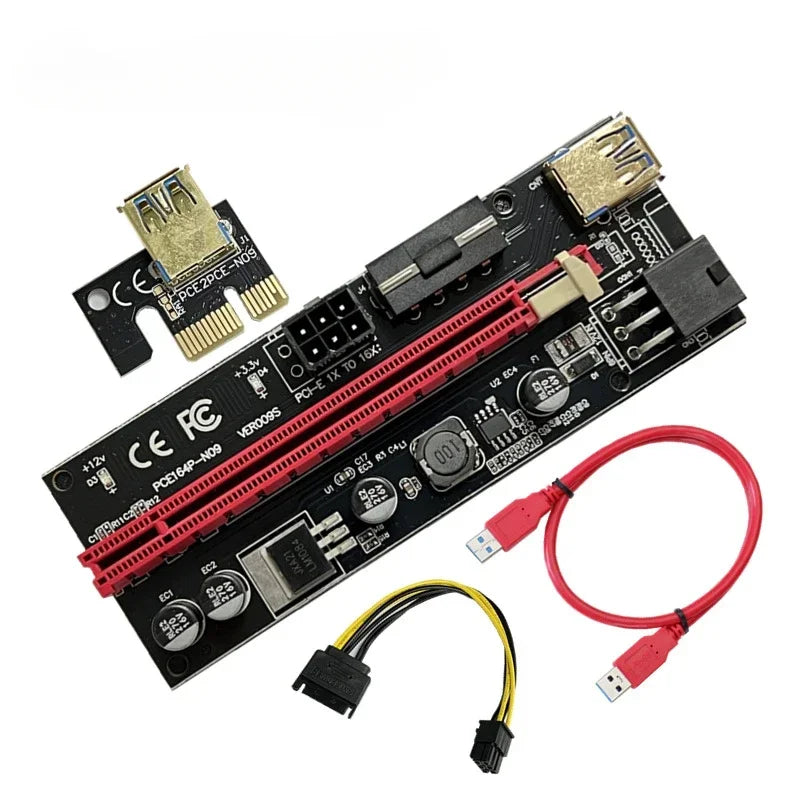 PCI-E Riser Card Dual 6Pin Adapter Card PCIe 1X To 16X Extender Card USB3.0 Data Cable for BTC Mining Miner 009S Express Qme Red
