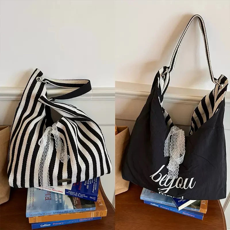 Stripe Hobo Bag Women Lace Bow Decor Canvas Tote Reversible Shoulder Qme