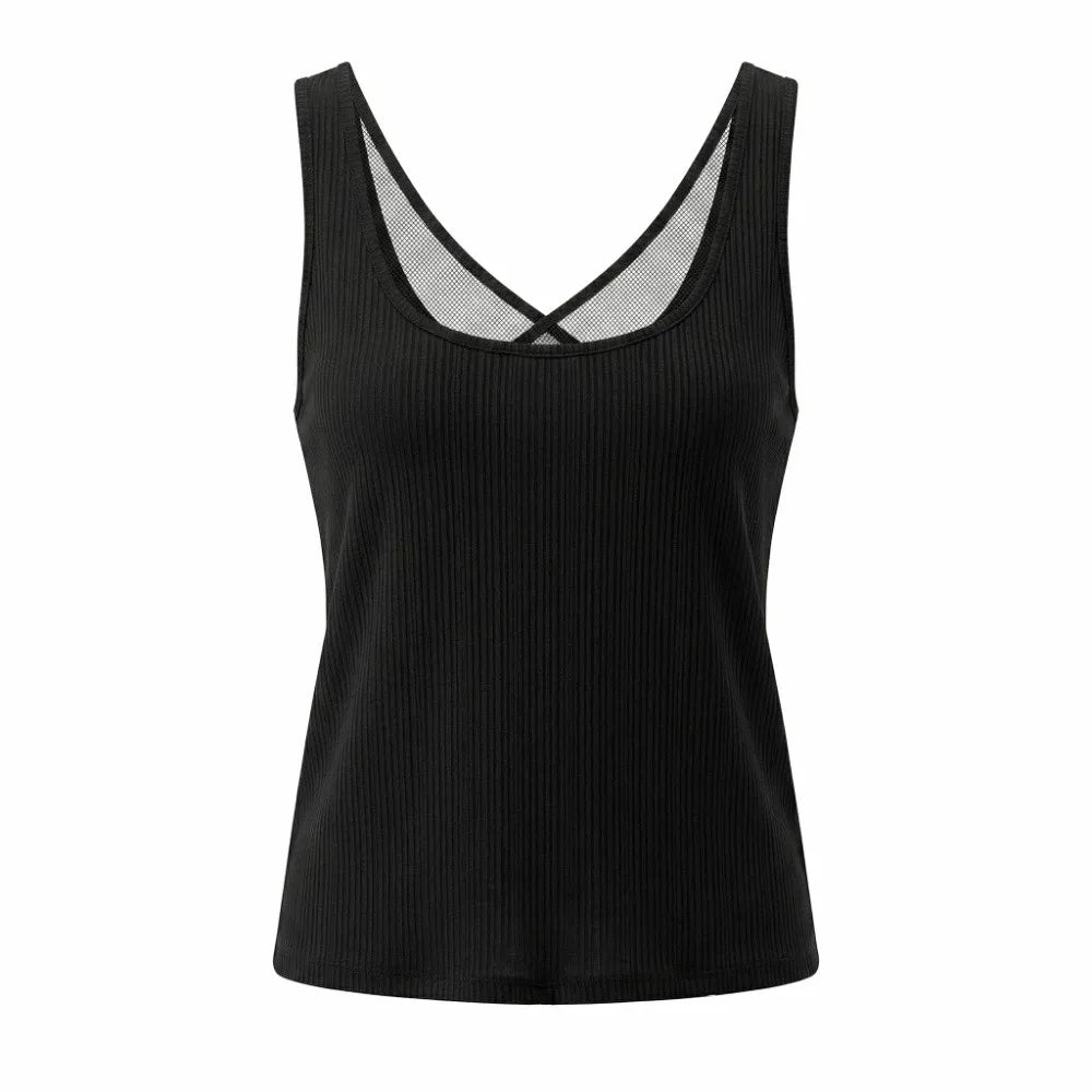Fashion Sleeveless Mesh Splicing Top Deep V Neck Beach Wear Women Crop Top Summer Solid Color Women's Base Vest Party Qme