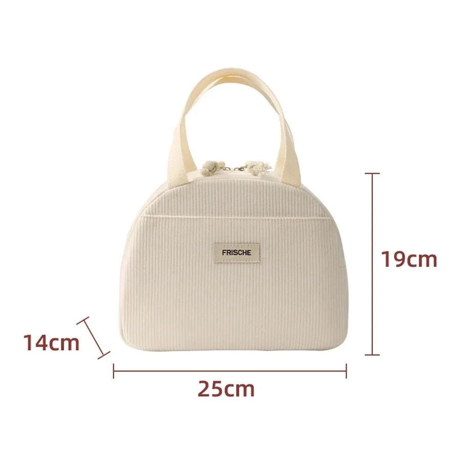 Corduroy Lunch Bag Portable Thermal Insulation Women's Cute Print Large Capacity Picnic Bento Box Handbag for Lunch Storage Qme Beige