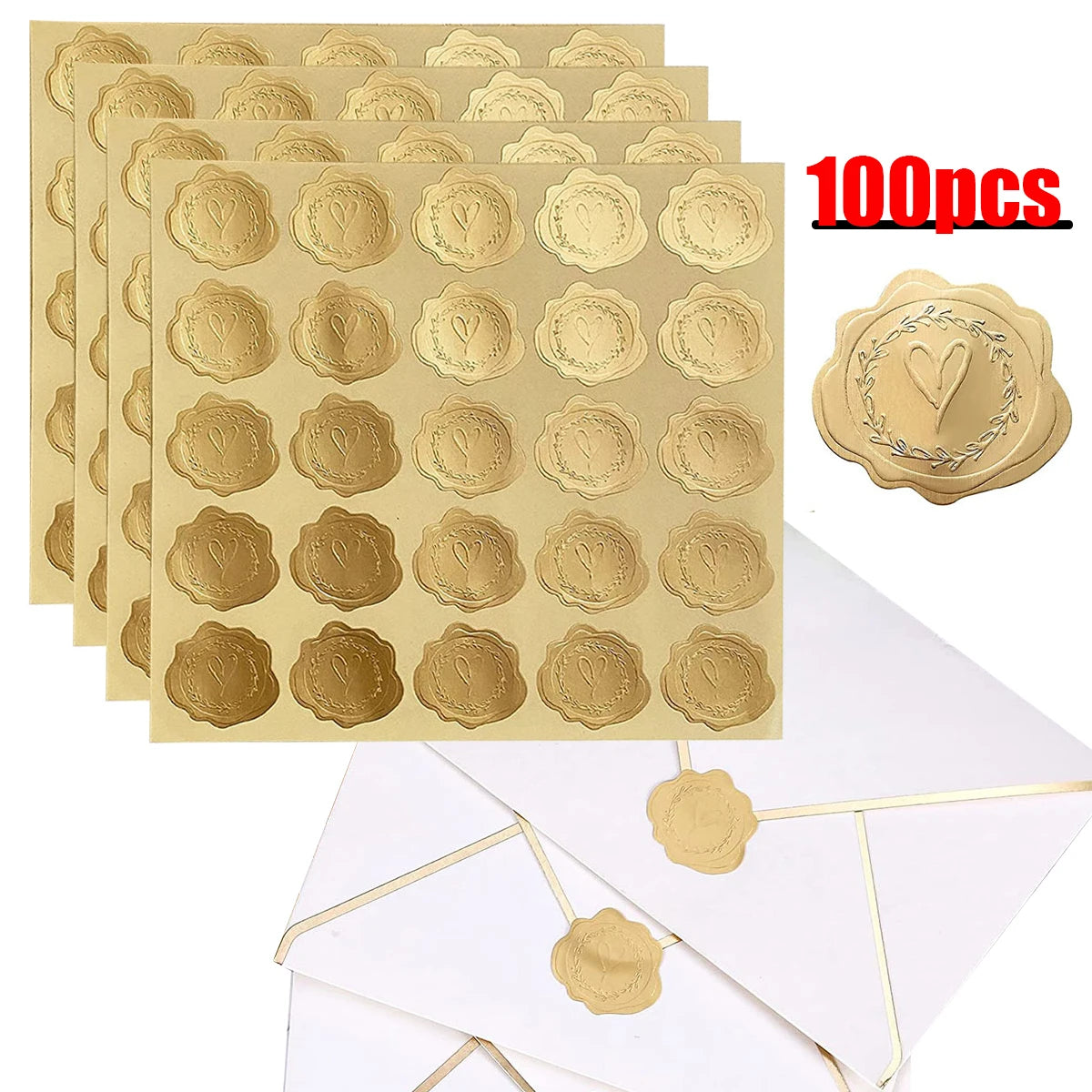 100pcs Gold Envelope Stickers Embossed Heart Seal Stickers for Postcards Invitations Card Gifts Decoration Self Adhesive Sticker Qme gold