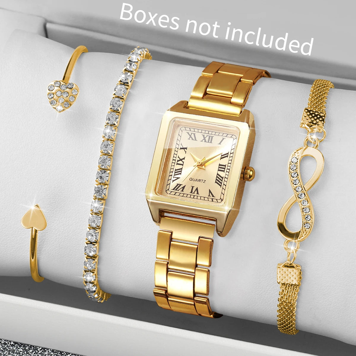Luxury Gold Tone Women Watch Set Roman Numeral Square Dial Quartz Wristwatch with 3pcs Crystal Bracelets Female Jewelry Gift Set Qme
