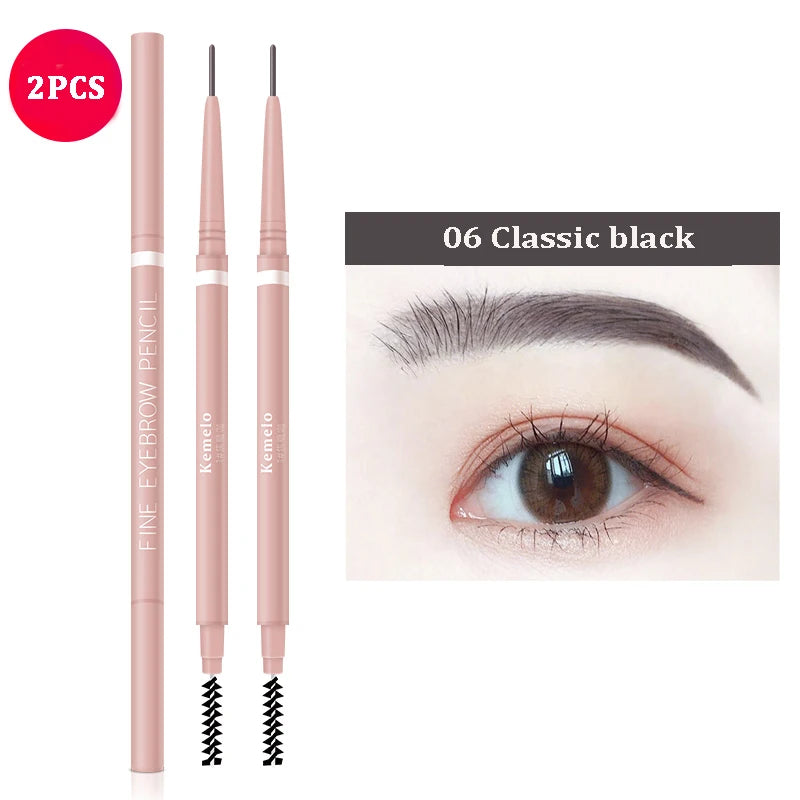 1.5mm Ultra Fine Double-Ended Eyebrow Pencil Automatic Rotating Natural Waterproof Long Lasting Professional Eyebrow Pen Makeup Qme 06 Classic Black 2Pc