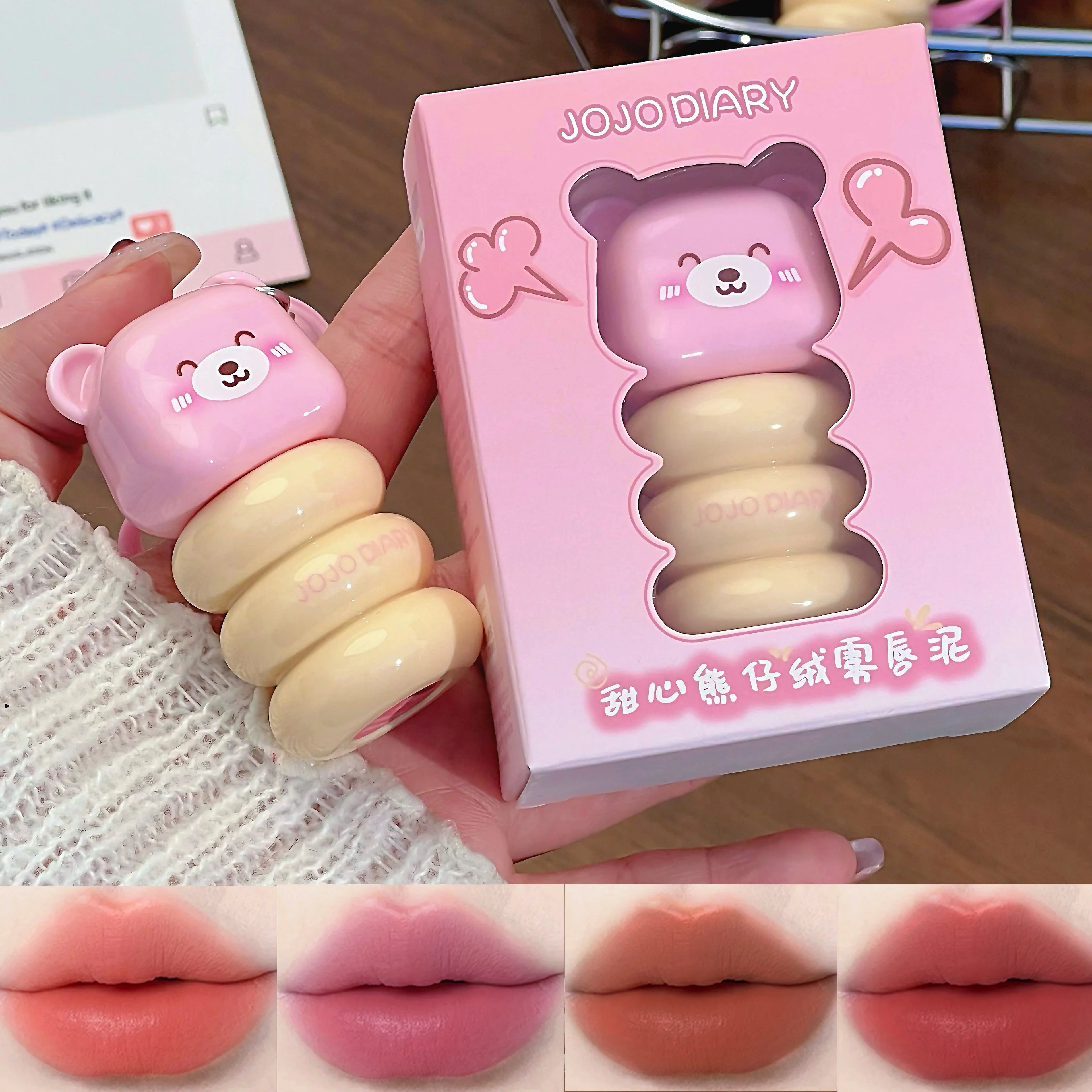JOJO DAILY Pink Bear Pendant Velvet Matte Lip Cream Black Rabbit Qme