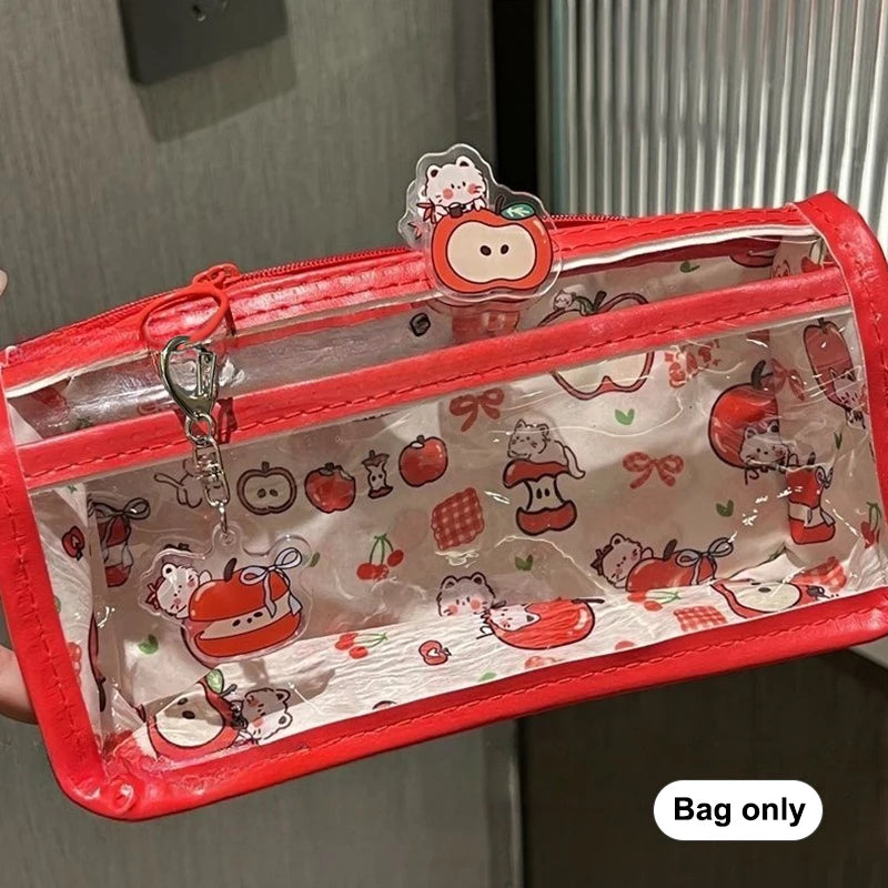 Multi-layer Vertical Cartoon Translucent Pencil Case Large-capacity Qme Red