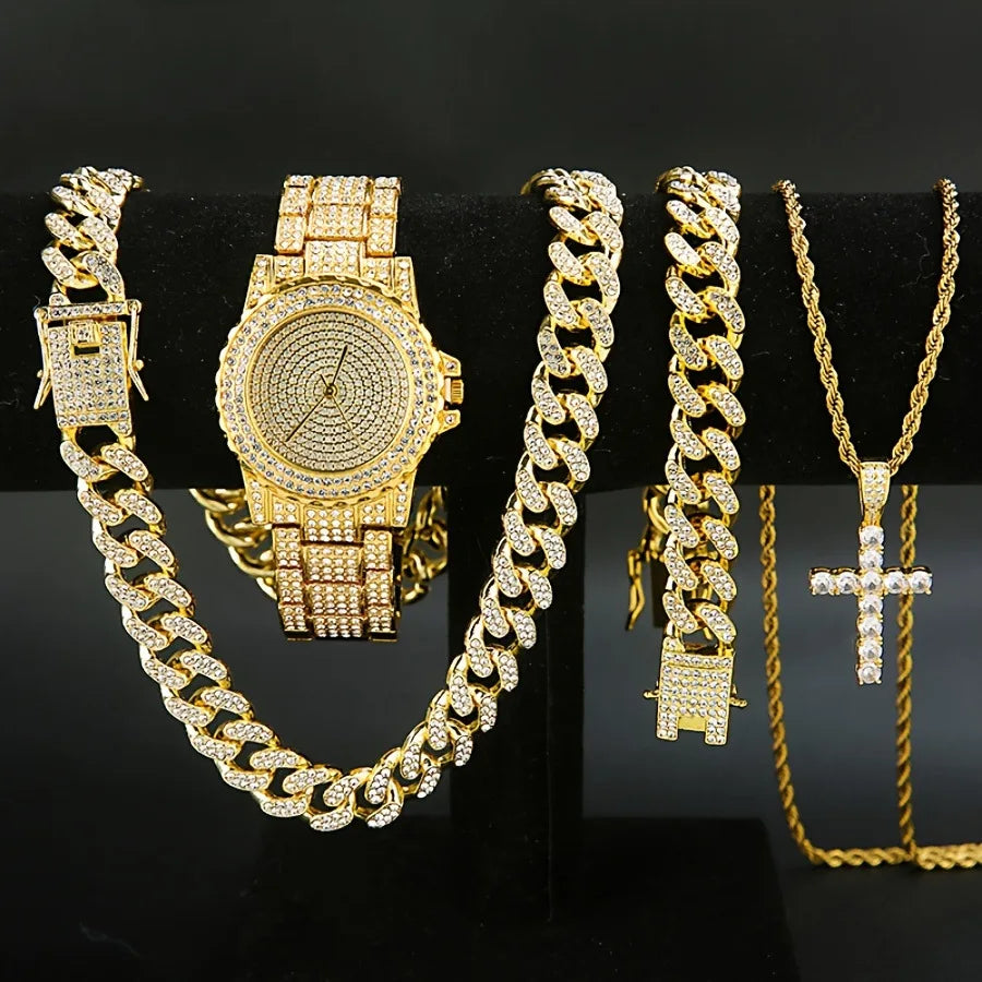 4-piece set, men's watch set, men's Cuban necklace bracelet set, men's cross necklace set Qme Gold