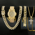 4-piece set, men's watch set, men's Cuban necklace bracelet set, men's cross necklace set Qme Gold