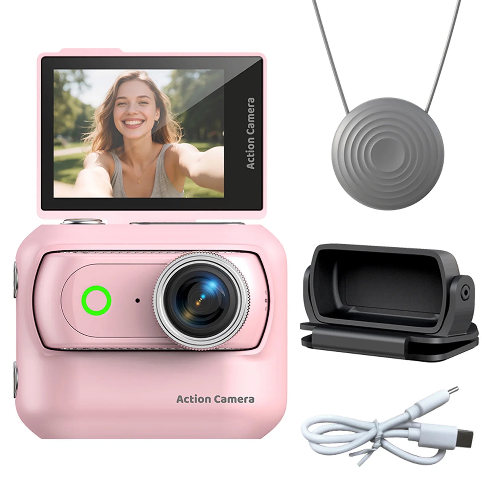 Compact Panoramic Action Camera Anti-Shake Portable Outdoor Travel Camera With Magnetic Neck Strap for Vlog Recording & Selfie Qme Pink