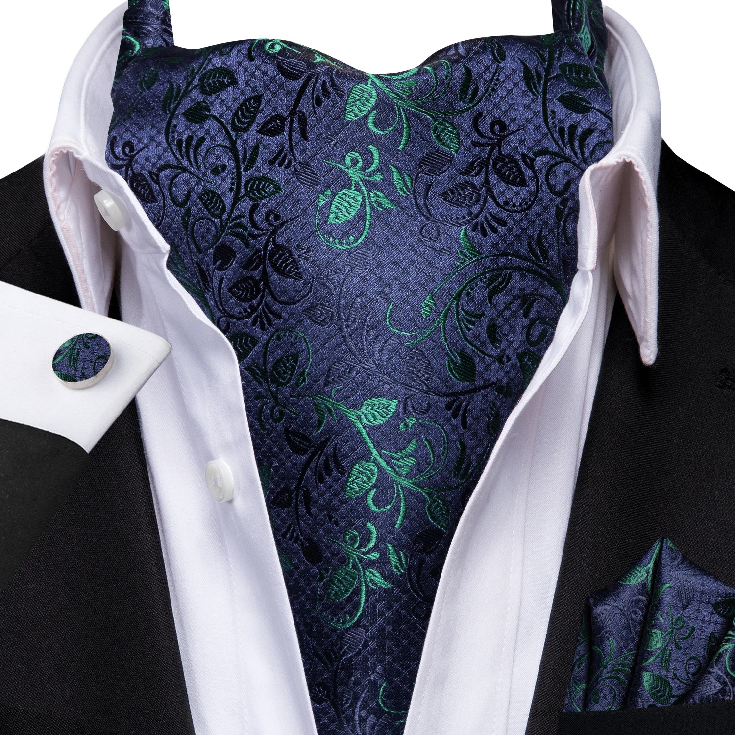 Mens Blue Floral Stripes Cravat Ascot Pocket Square Cufflinks Wedding Qme LDAS1189
