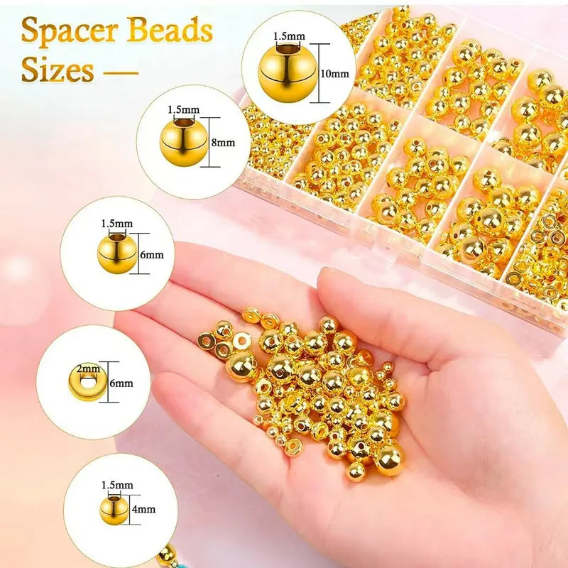 1000pcs Golden Spacer Beads Kit CCB Ball Round Smooth Loose Beads Kit For Bracelets Making Craft DIY Jewelry Making Supplies Qme