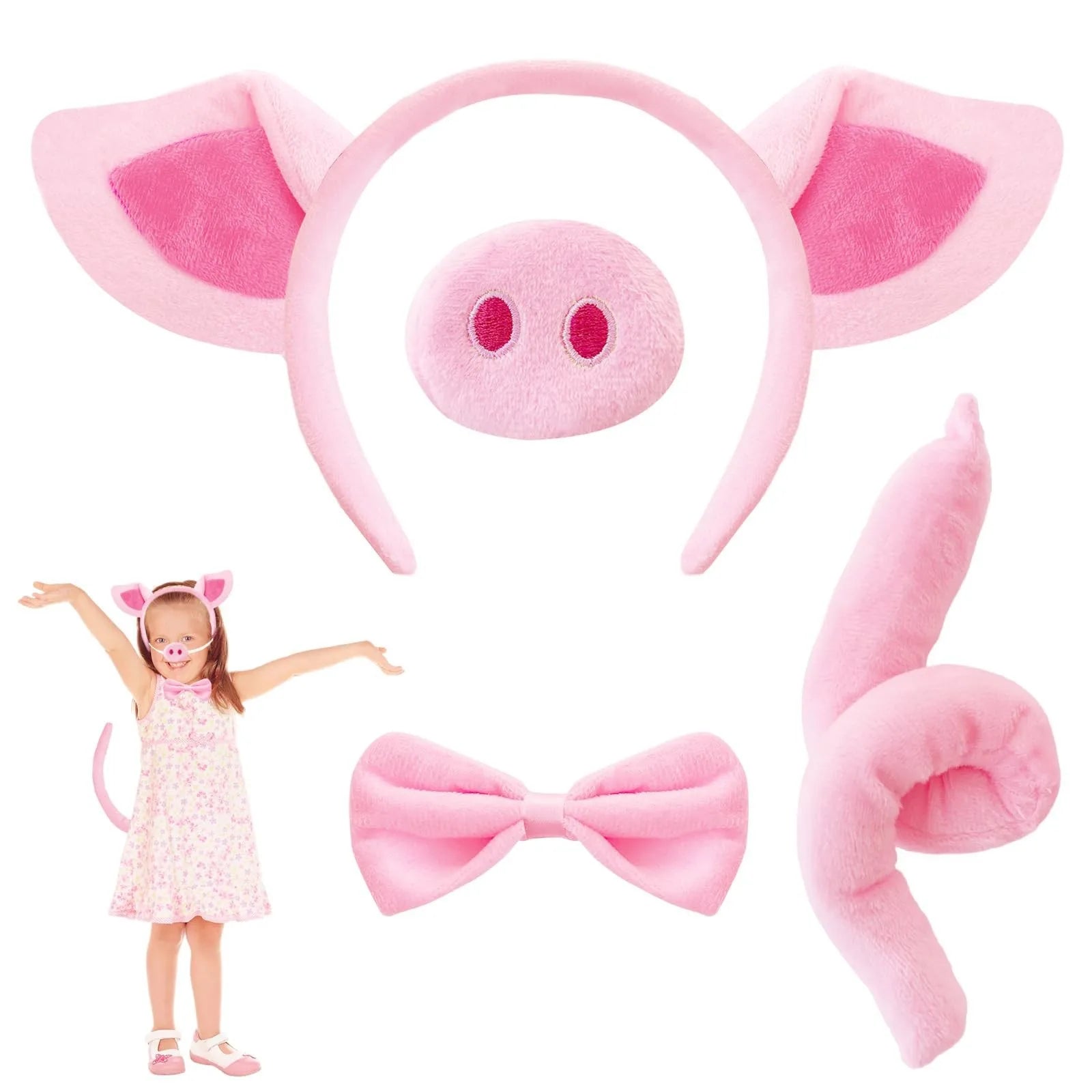 Pig Costume Set with Ears Headband,Nose,Tail,Bow Tie Fun Animal Cosplay Costume Accessories for Kids Dress Up Party Props Qme A
