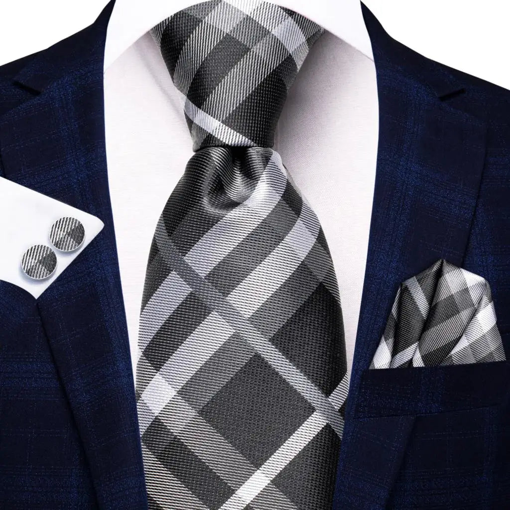 Hi-tie Smoke Grey Tie Men Elegant Mens Necktie Pocket Square Cufflink Qme 3456