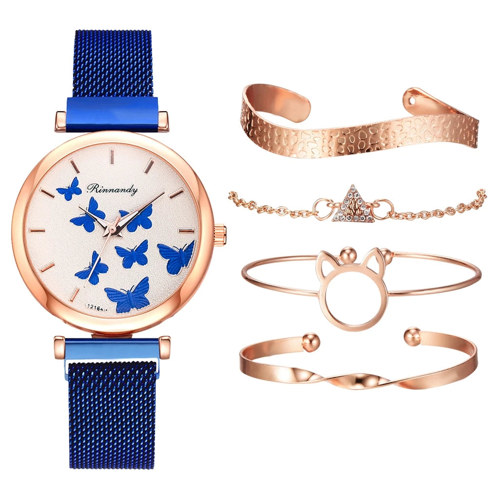 5PCS Bracelet Watches Set Fashion Women Rose Gold Mesh Belt Wristwatches Quartz Watch for Women Business Clock Relogio Feminino Qme H2-BU-RG