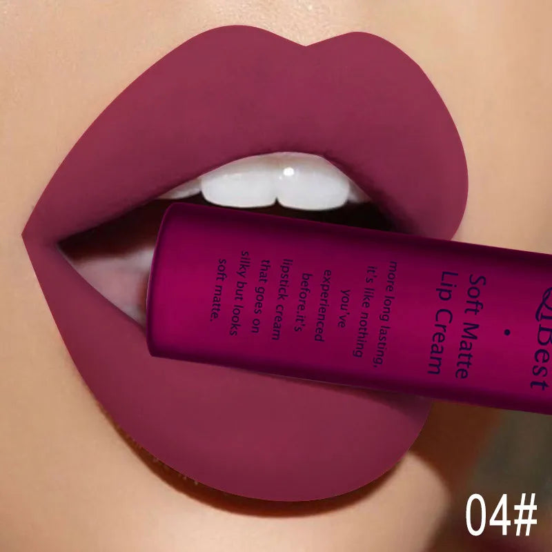QIBEST Matte Liquid Lipstick Waterproof Lasting Velvet Lip Gloss Tint Tube Nude Pigment Red Black Purple Orange Lipsticks Makeup Qme 04