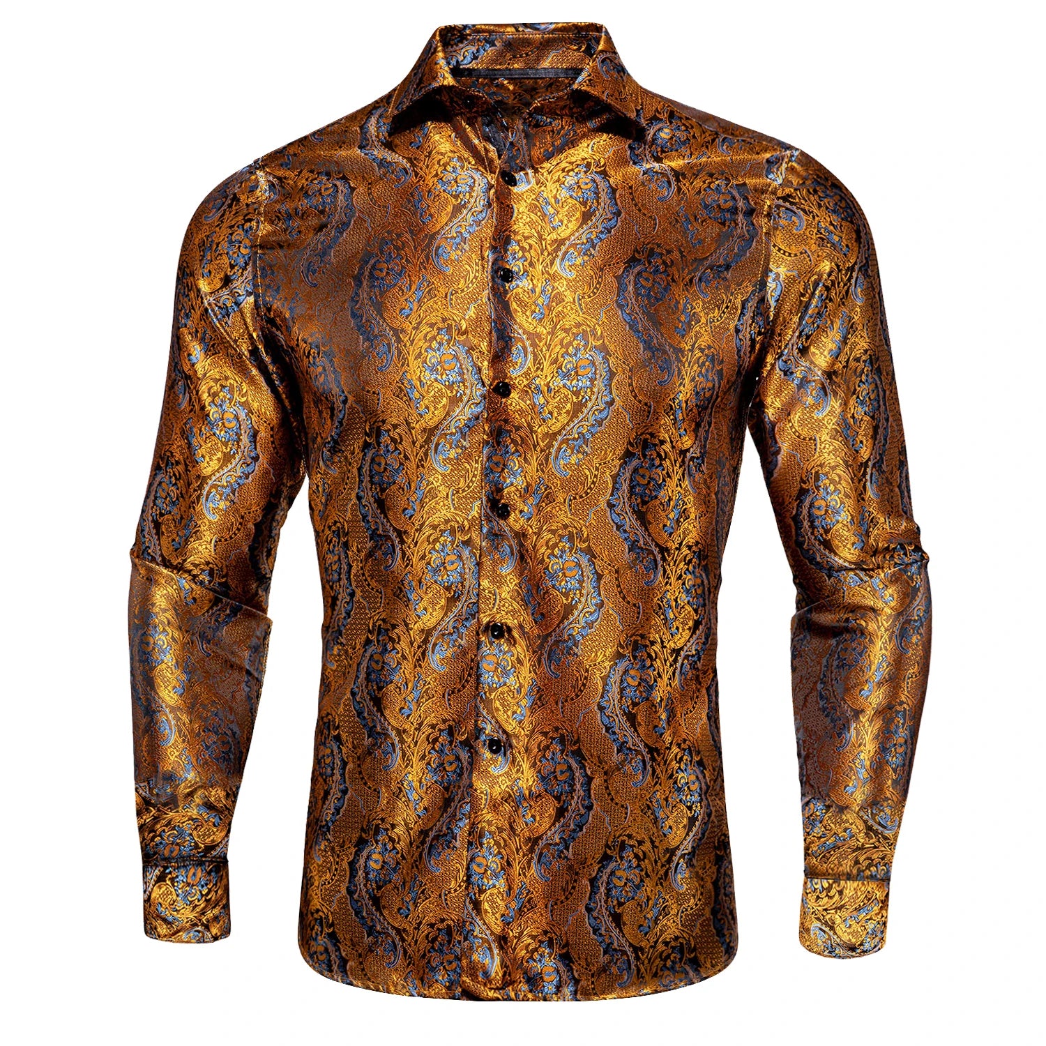 Hi-Tie Fashion Mens Silk Shirts Long Sleeve Gold Blue Paisley Jacquard Lapel Shirt Casual Formal Wedding Business Party Gifts Qme CY-1005 XXXL