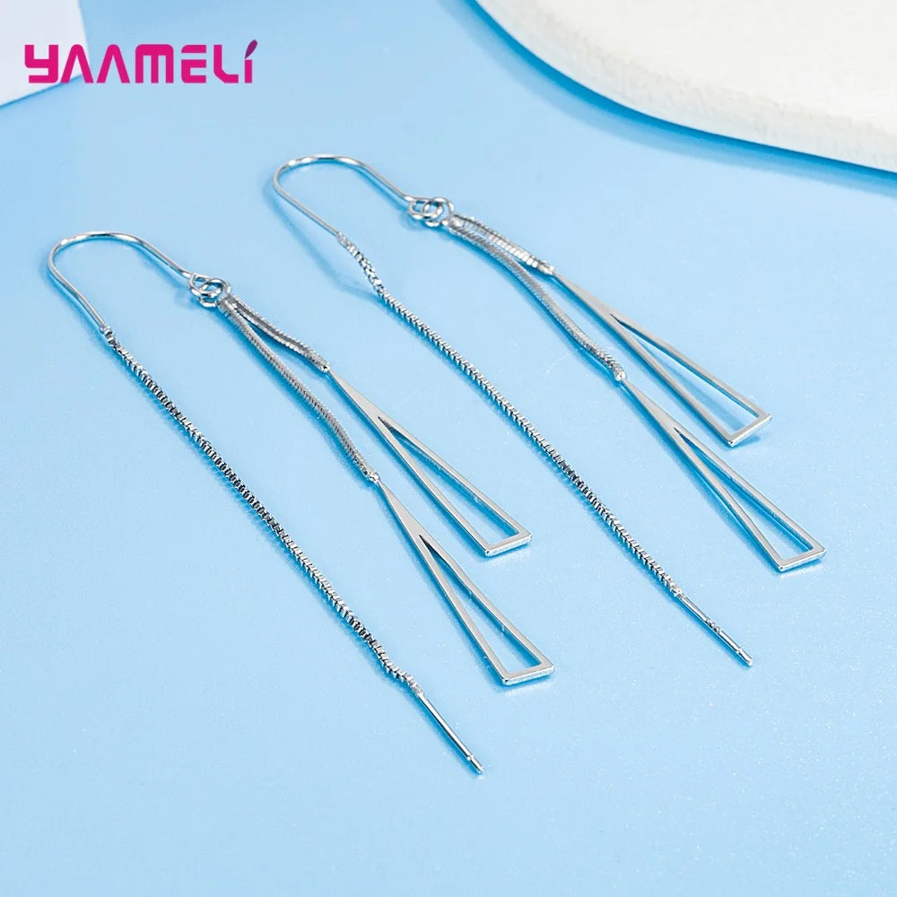 925 Sterling Silver Color Earrings Fashion Jewelry Geometric Tassel Long Box Chain Thread Pendientes Ear Decoration Ornaments Qme