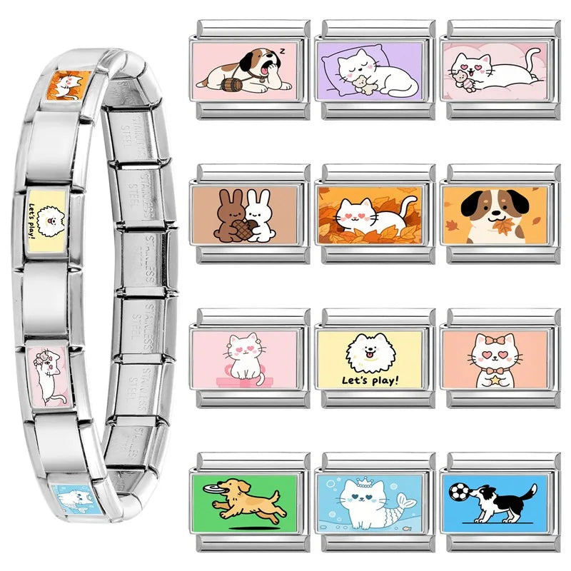 Wholesale 2025 New Cute Leaf Cats Dogs Rabbit Samoyed Italian Charm Link fit 9mm Stainless Steel Jewelry DIY Making Bracelets Qme