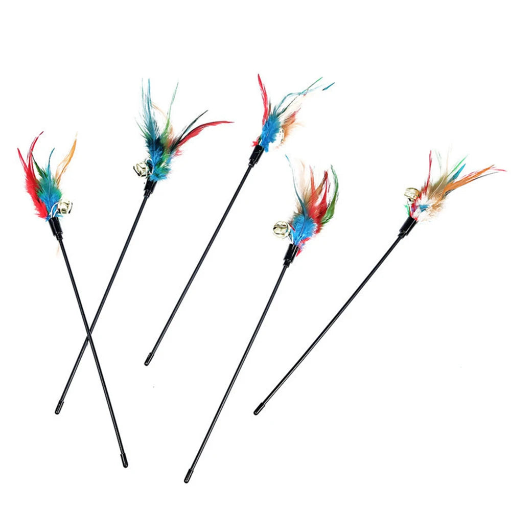 5pcs/set Cat Interactive Wand Colorful Feather Chicken Feather Cat Stick Bell Portable Creative Fashion Novelty Pet Cat Supplies Qme
