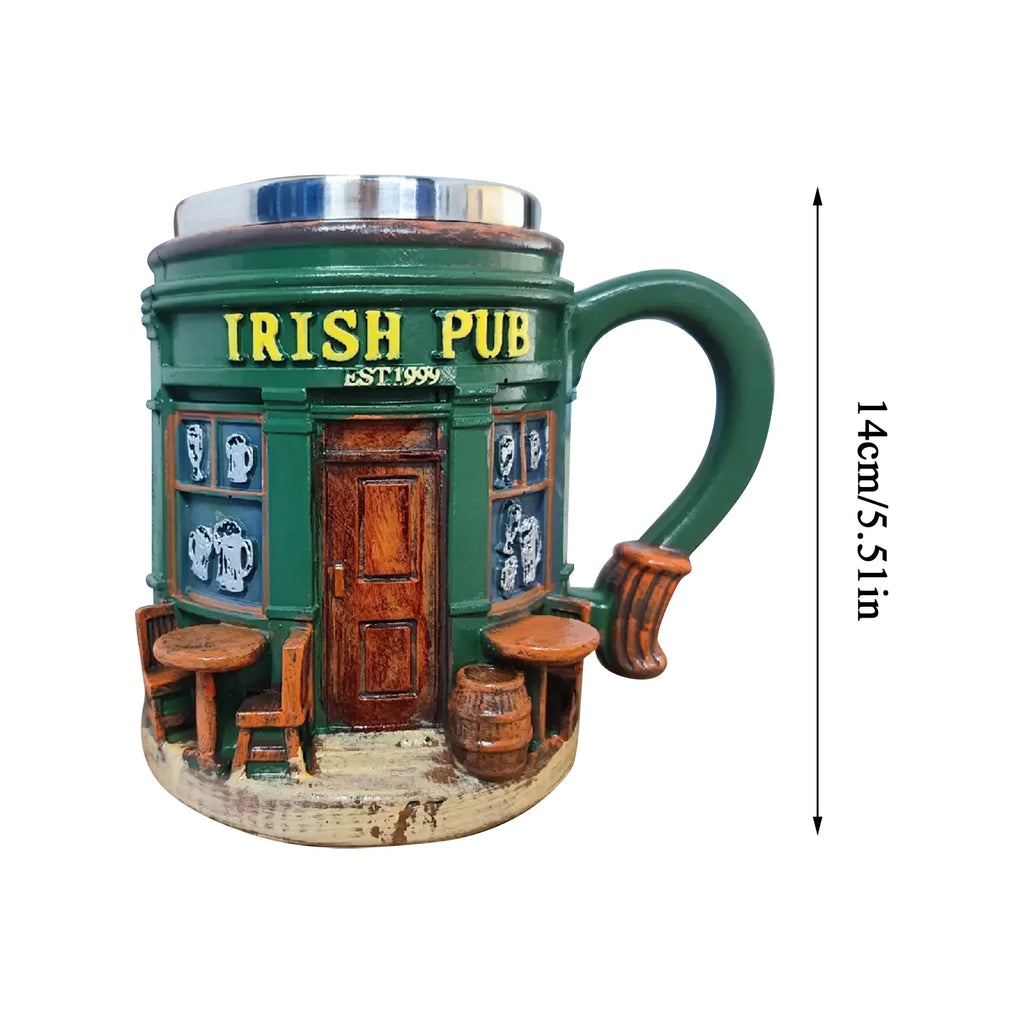 Creative Irish Pub Stainless Steel Mug Home Bar Resin Crafts Ornaments Beer Mug Coffee Cup Drinking Utensils Xmas Holiday Gift Qme