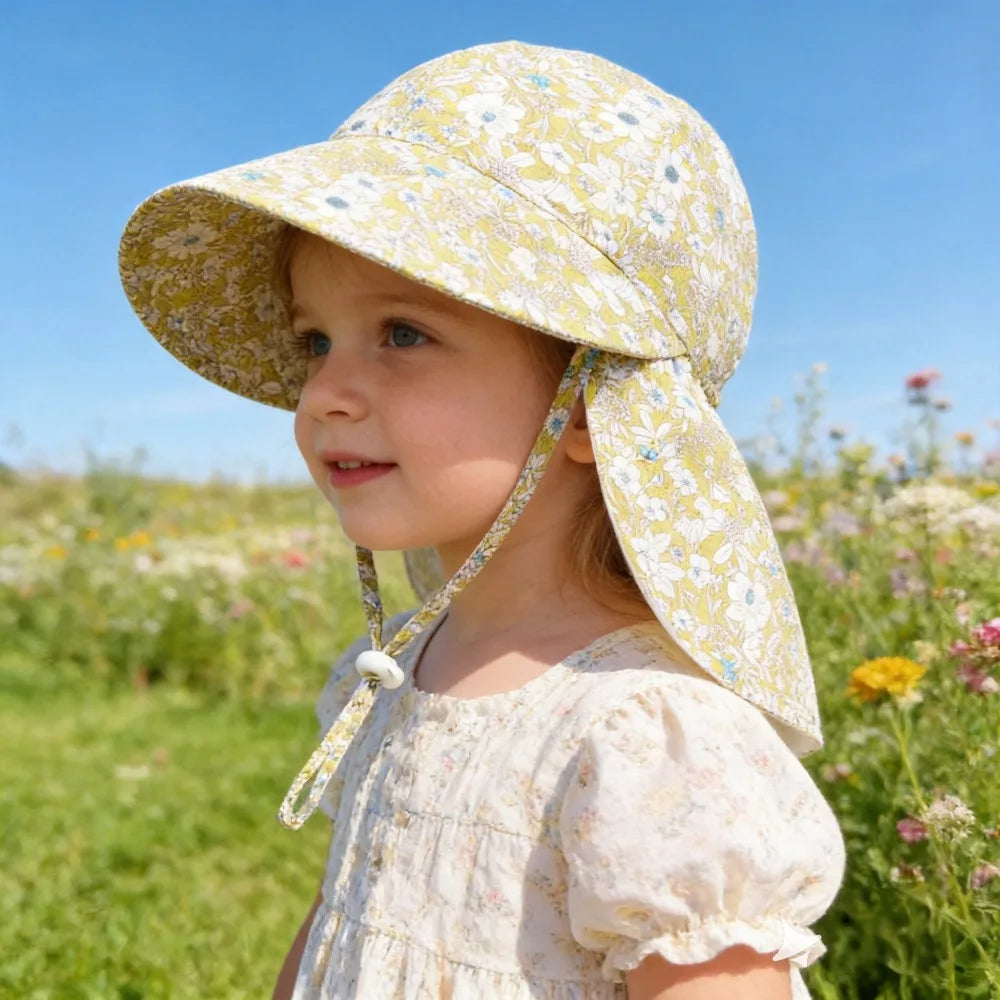 Cute Kids Sun Hat Floral Print Wide Brim Hat with Windproof Rope Summer Beach Hat for Boys Girls Vacation Outdoor Qme