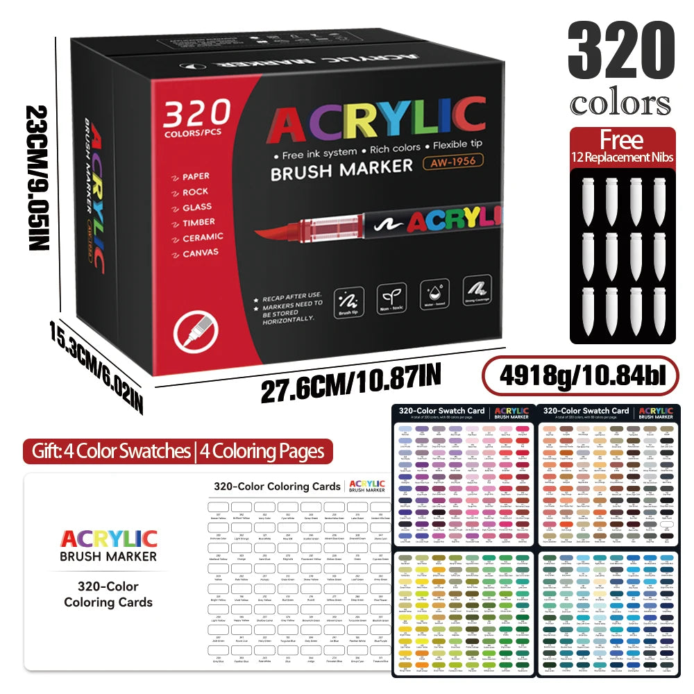 12-366 Colors Acrylic Paint Marker Pens Brush Tip Auto Ink Control Waterproof Quick Dry for Rock Painting DIY Craft Supplies Qme 320 colors
