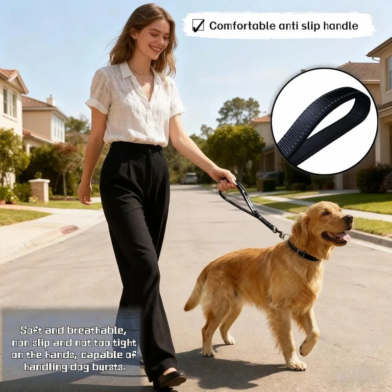 Short nylon dog leash, heavy-duty padded handle, reflective black, suitable for walking training of medium and large dogs Qme