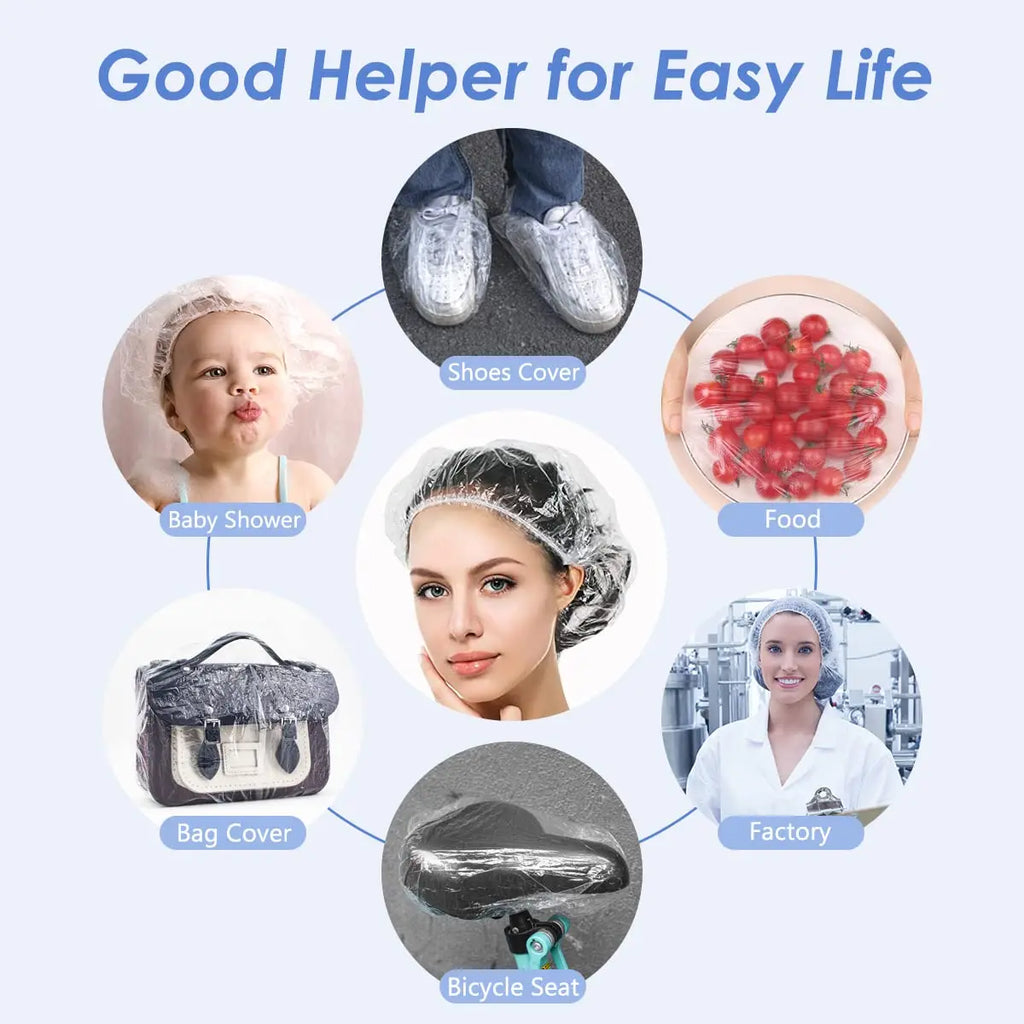Thick Clear PE Disposable Shower Caps Plastic Elastic Hair Bath Cap for Women, Spa, Home Use, Hotel and Hair Salon, Travel Qme