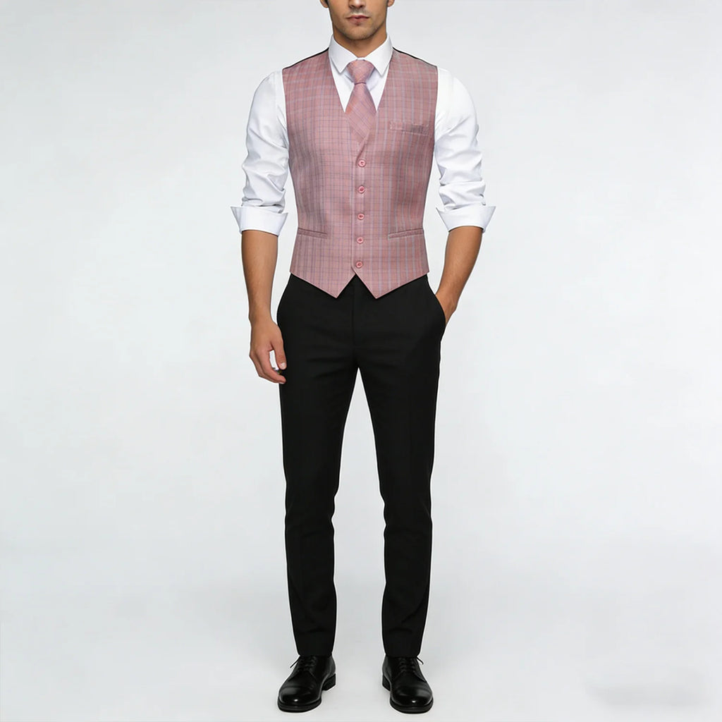 Men's Plaid Suit Vest V-neck Formal Waistcoat Tie Hankerchief Qme