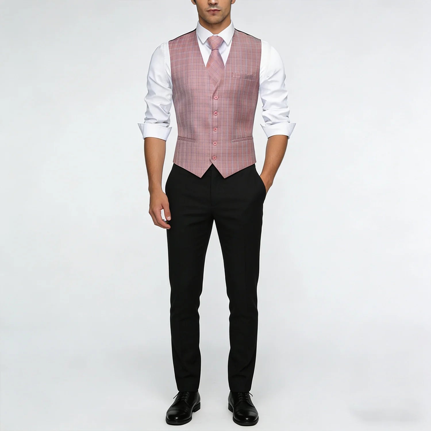 Men's Plaid Suit Vest V-neck Formal Waistcoat Tie Hankerchief Qme
