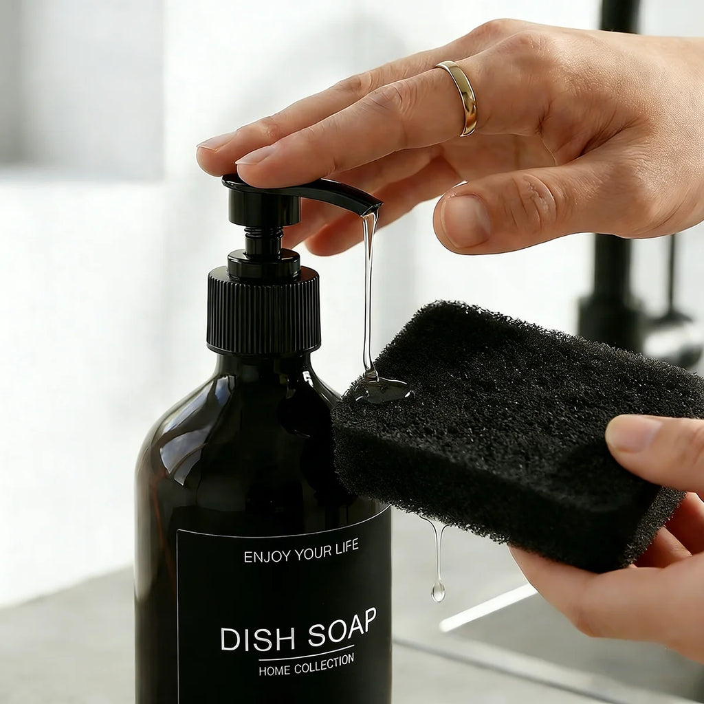 Shower Soap Dispenser Set Glossy Black Refillable Shampoo and Conditioner Body Wash Dispenser with Waterproof Labels Bathroom Qme