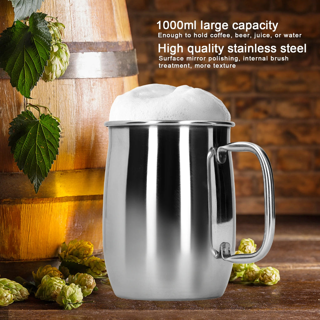 1000ml Beer Mug Large Capacity 304 Stainless Steel Big Mug Beer Cup Rustproof Durable Drinkware for Bar Pub Home Party Kitchen Qme