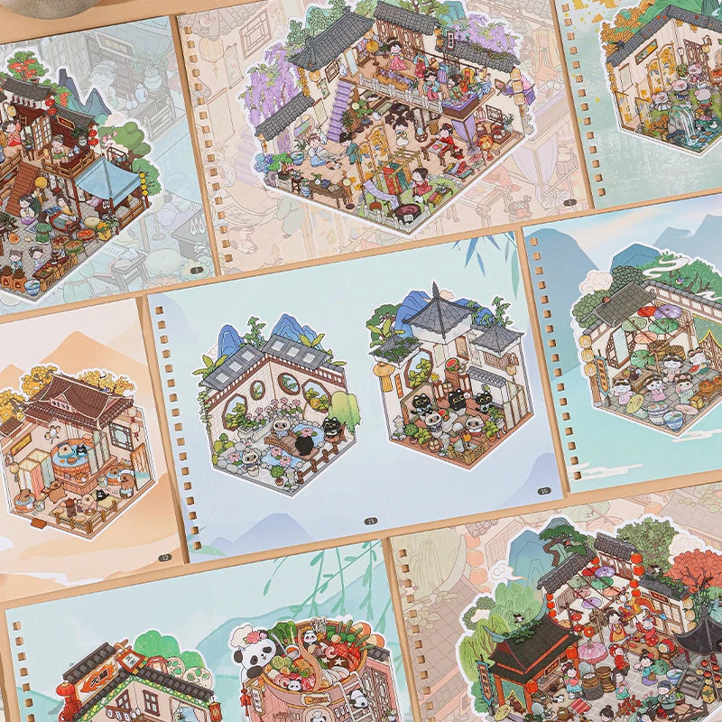 40Pcs Scenes Cartoon Landscape Sticker Book Ancient style building DIY 3D Sticker Cabin Scene Pocket Birthday Gift For Planner Qme