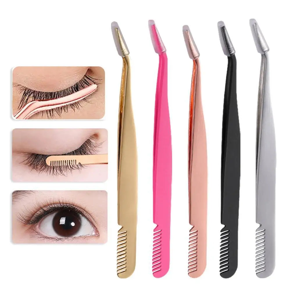 Eyelash Tweezers Steel Eyelash Extension Tweezer with Comb False Lash Application Tool for Girls Women Beginner Makeup Qme